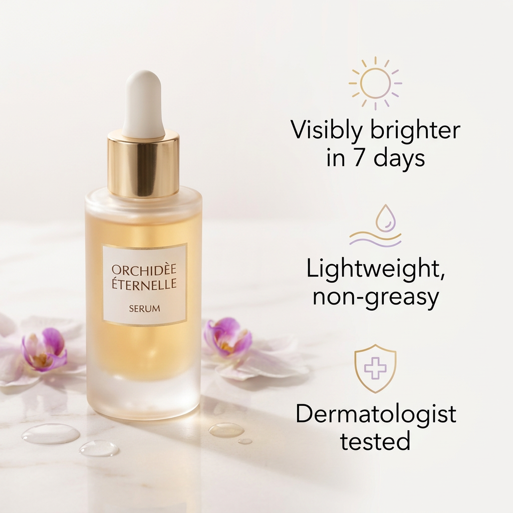 Amazon listing infographic: the product from the image on the left on a clean light background, three benefit callouts on the right with simple line icons that read "Visibly brighter in 7 days", "Lightweight, non-greasy" and "Dermatologist tested", modern sans-serif, generous spacing, premium e-commerce design. Keep the product's packaging, shape, label and logo exactly identical to the reference image. Square 1:1 composition, photorealistic, Amazon-compliant, no fake badges or certifications.