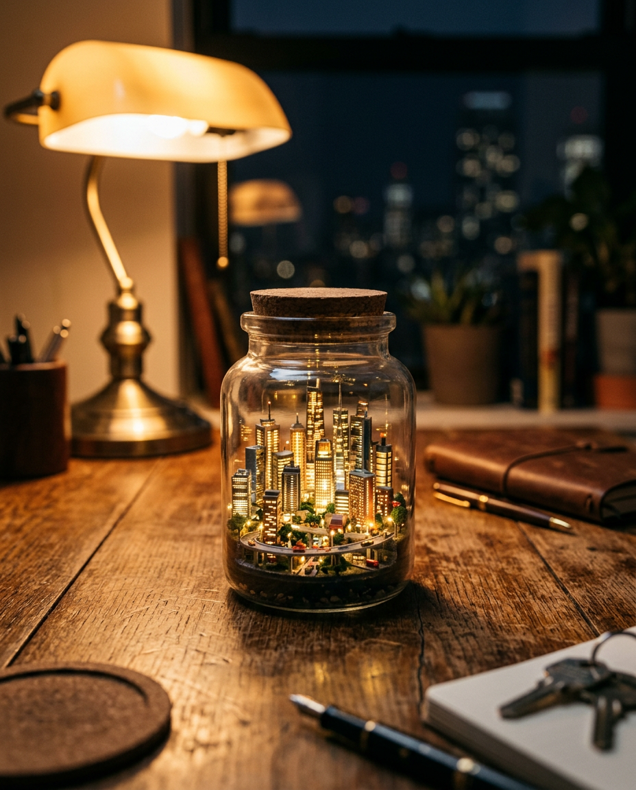 A tiny glass terrarium city on a wooden desk, miniature skyscrapers glowing at night inside the jar, tilt-shift macro photography, warm desk lamp light