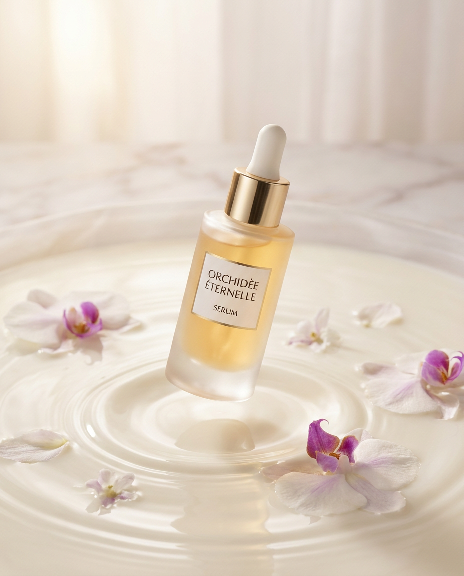 Luxury skincare serum bottle in frosted glass floating above a pool of milk with orchid petals, soft studio light, high-end beauty campaign, 4k detail