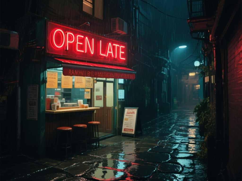 A hand-painted shop sign above a tiny ramen bar that says 'OPEN LATE' in neon red letters, rain-soaked alley, reflections on wet stones, cinematic night photo