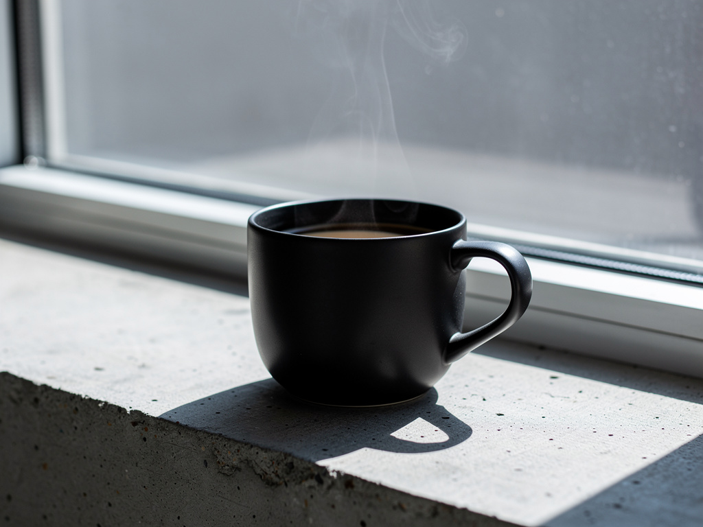 Close-up of a matte black ceramic coffee cup on a sunlit concrete windowsill, steam curling, hard morning shadows from blinds, minimal product photography