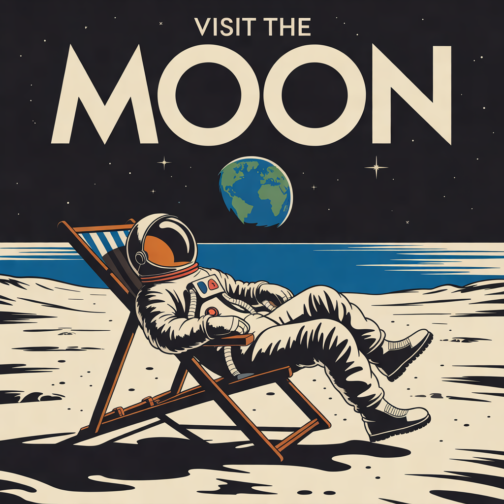 Bold retro travel poster that reads 'VISIT THE MOON' in large art deco letters, astronaut lounging in a deck chair on a lunar beach, earth rising, limited palette of navy, cream and tangerine