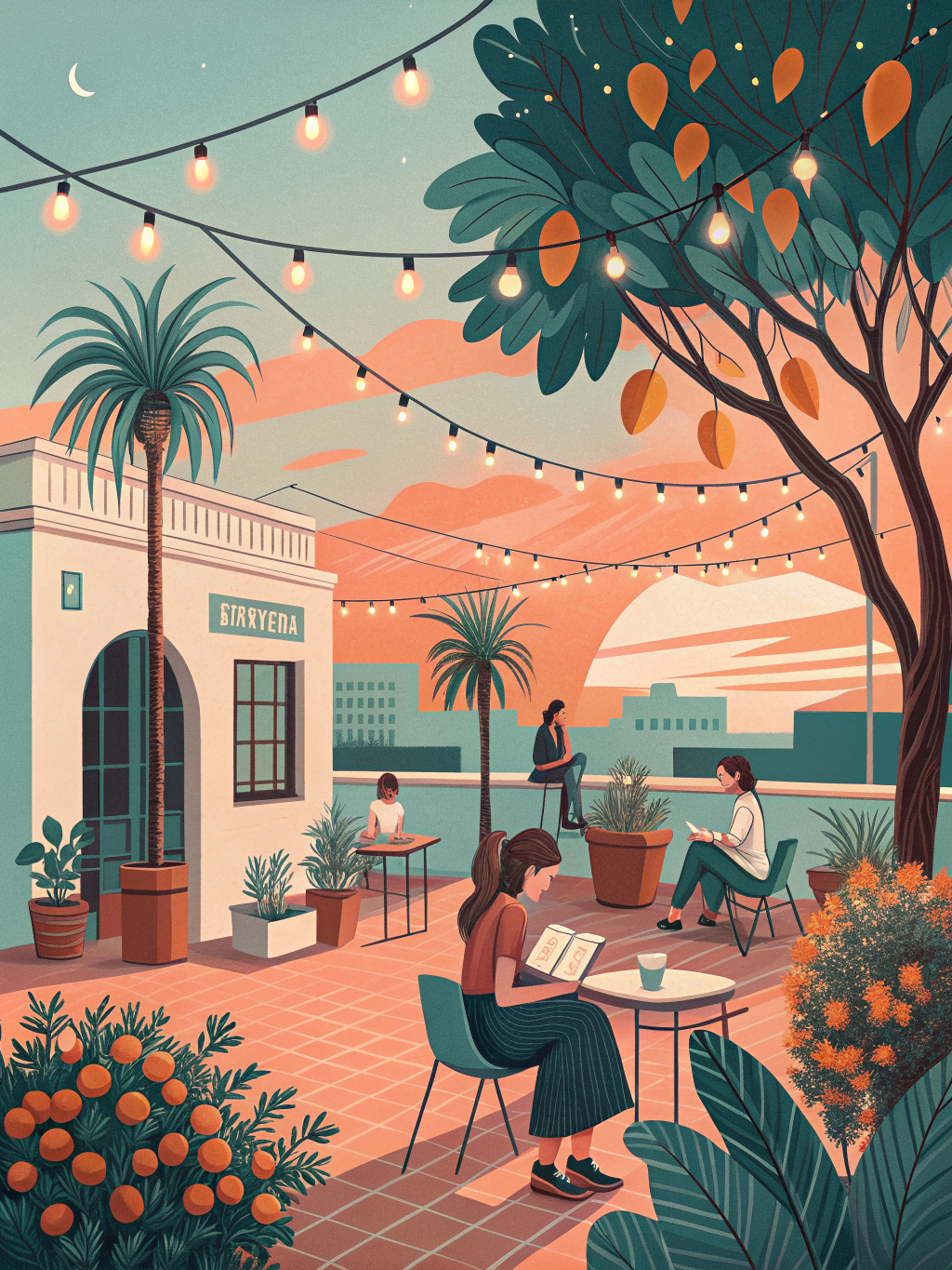 Flat vector illustration of a cozy rooftop garden café at sunset, string lights, potted lemon trees, people reading, warm coral and teal palette, clean geometric shapes