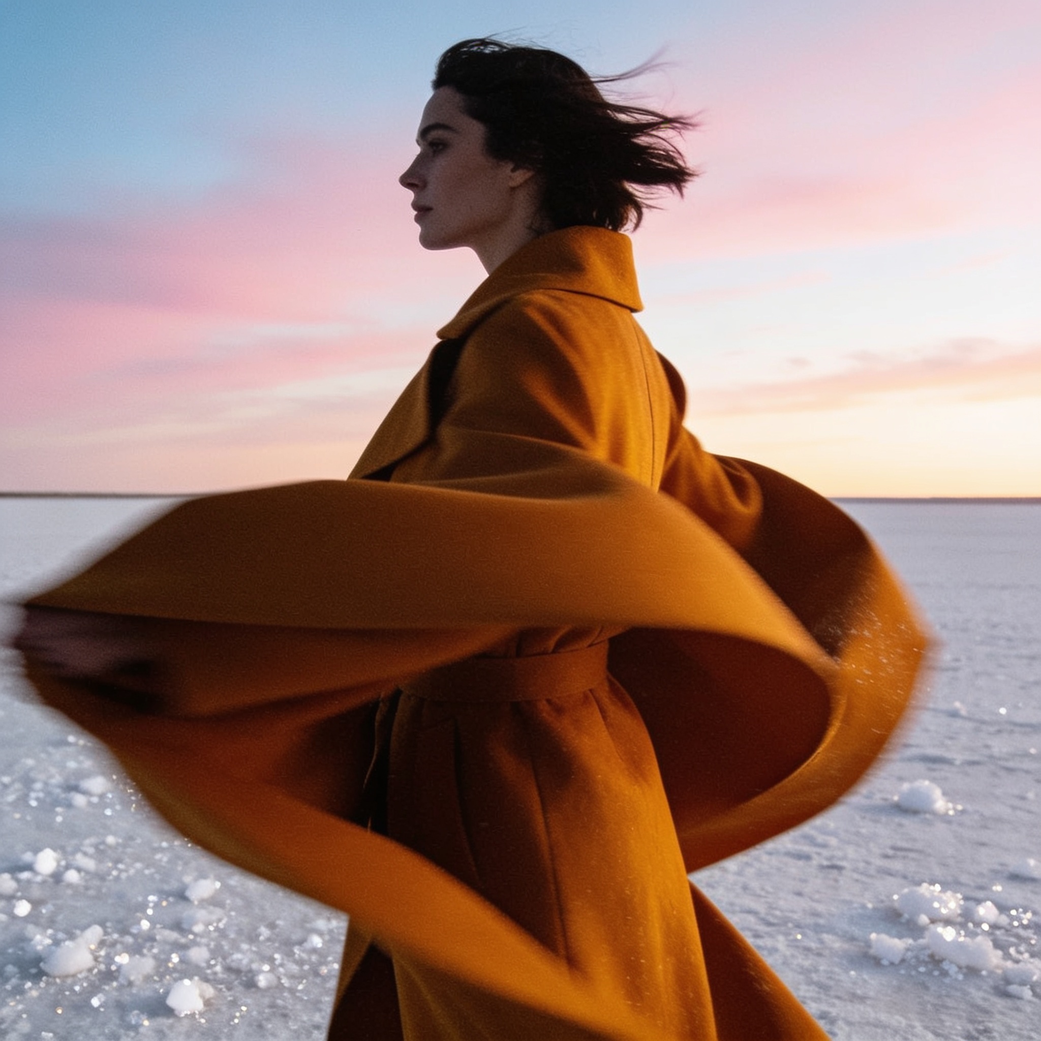 Editorial portrait of a woman in a sculptural saffron coat standing in a white salt desert at dawn, wind lifting the fabric, medium format film look, soft pastel sky, 85mm