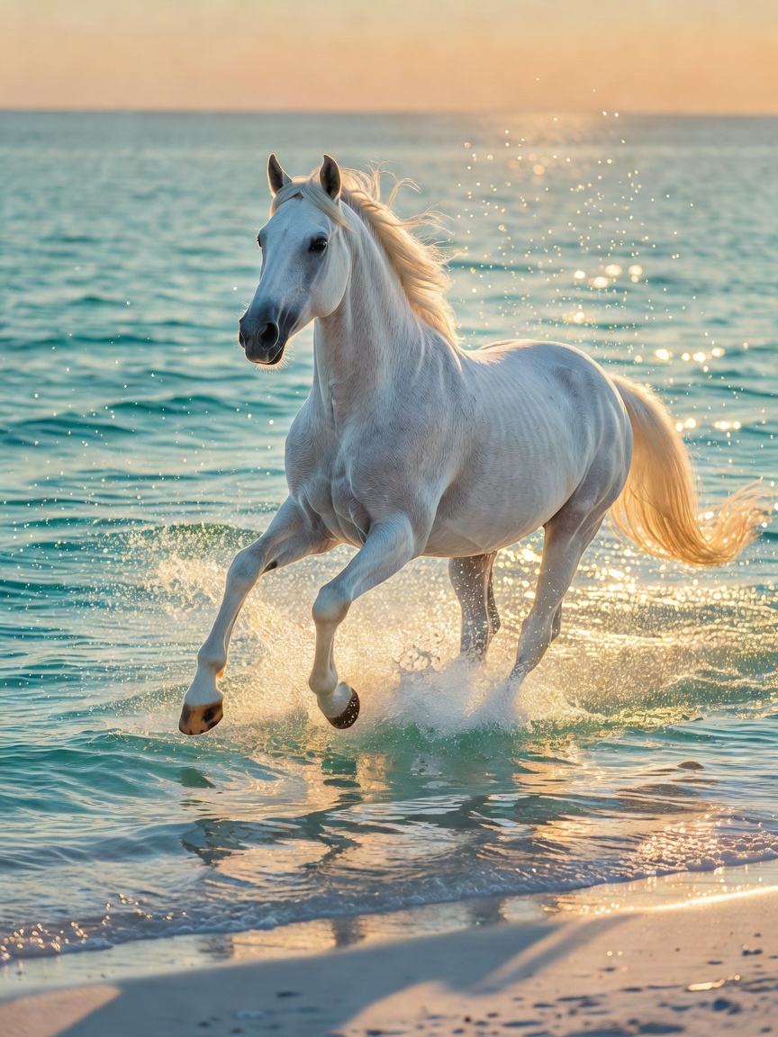 A majestic white horse galloping through shallow turquoise water at golden hour, spray backlit by the sun, ultra-detailed wildlife photography