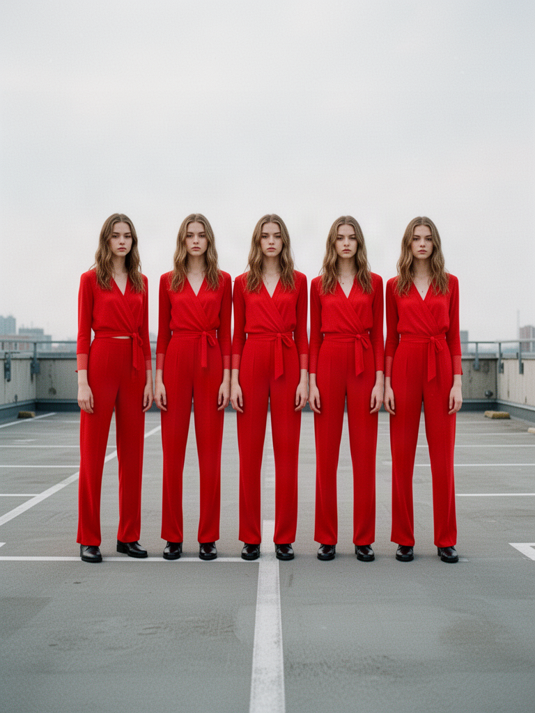 Five identical young women in the same red outfit standing in a symmetrical formation on an empty parking rooftop, synchronized pose, fashion editorial