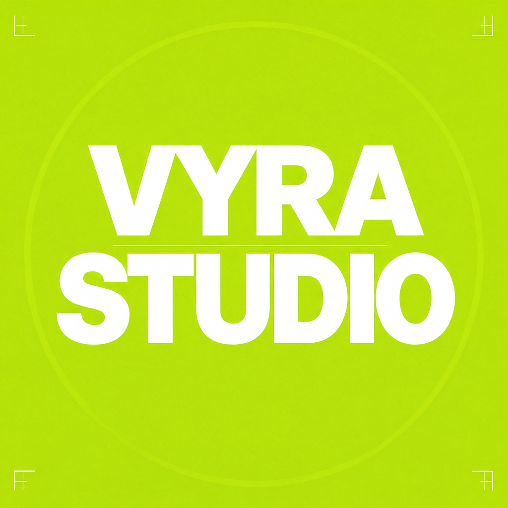 Minimal poster with the words VYRA STUDIO in bold white letters on a lime green background